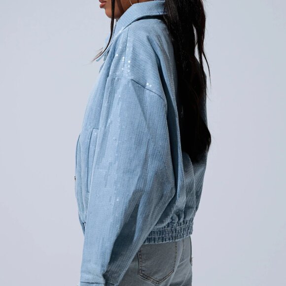 Akira Sequin Overlay Denim Bomber Jacket - Picture 4 of 5